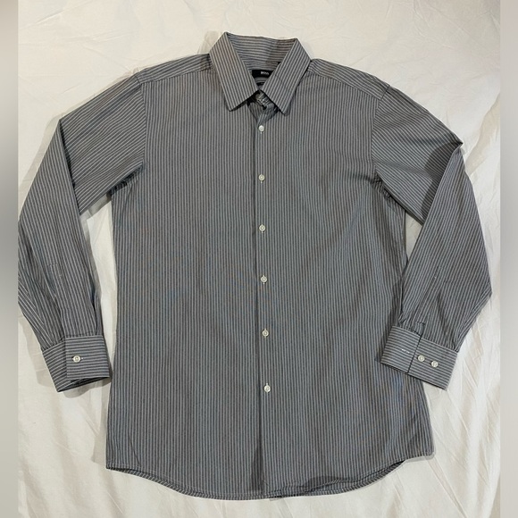 Hugo Boss stripped  button down grey-white slim fit casual preppy Dress shirt - Picture 2 of 7